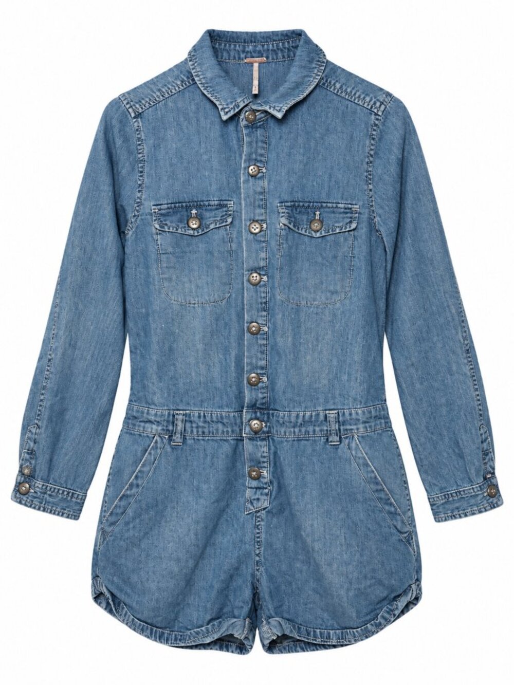 Free People Chambray Snap Front Long Sleeve Romper XS